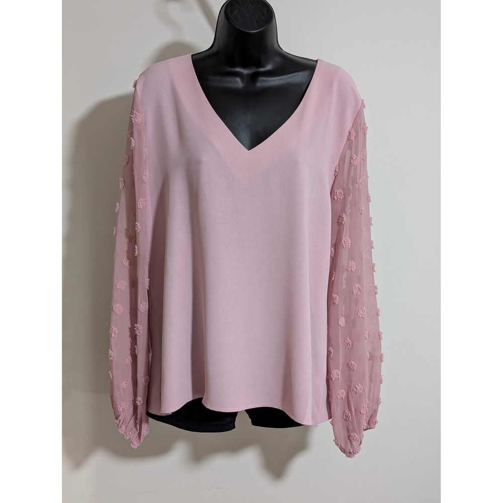 Fashion Collection Blouse Pom Pom Sheer Sleeve V Neck Top Pink Size L